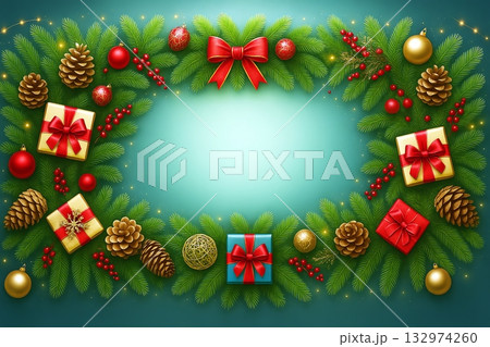 松ぼっくりとギフトで飾られたクリスマスリース背景 132974260