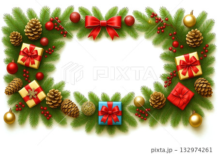 松ぼっくりとギフトで飾られたクリスマスリース背景 132974261