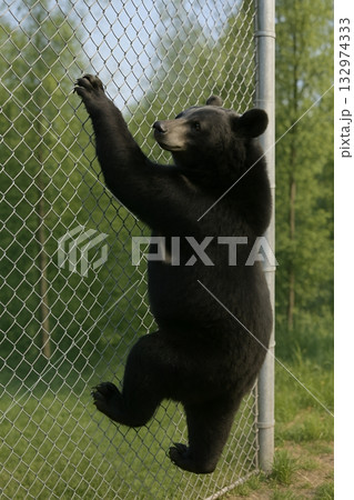 フェンスをよじ登るツキノワグマ　獣害対策　野生動物　熊被害　熊対策 132974333