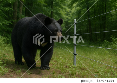 電気柵に近づくツキノワグマ　獣害対策　野生動物　熊被害　熊対策 132974334