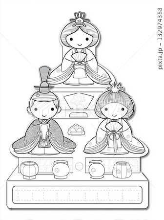 雛壇飾りセット 三人官女と三段飾り 雛祭り塗り絵イラスト 132974388