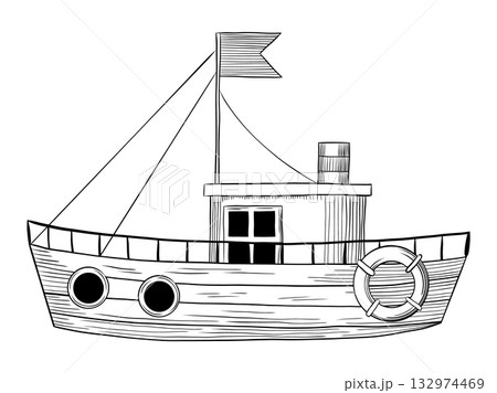 Fishing Boat Hand Drawn Engraving Sketch 132974469