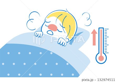 発熱のため布団で休んでいる男の子　上がる体温計 132974511