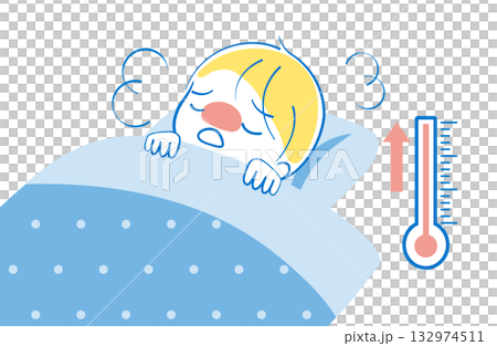 A boy resting in bed with a fever, the thermometer rising A boy resting in bed with a fever, the thermometer rising 132974511