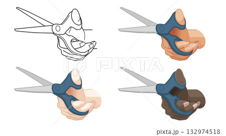 ハサミを持つ手のモノクロ線画と黄色人種、白人、黒人がハサミを持つ手のバリエーション 132974518