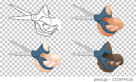 ハサミを持つ手のモノクロ線画と黄色人種、白人、黒人がハサミを持つ手のバリエーション 132974518