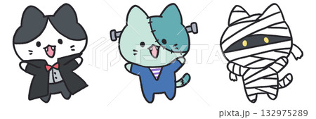 手描き、猫のキャラクターのハロウィン仮装イラスト3種類セット 132975289