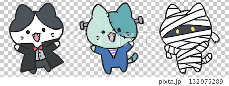 手描き、猫のキャラクターのハロウィン仮装イラスト3種類セット 132975289