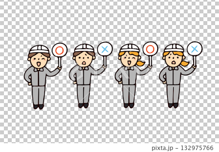 Illustration set of workers holding correct and incorrect answers 132975766