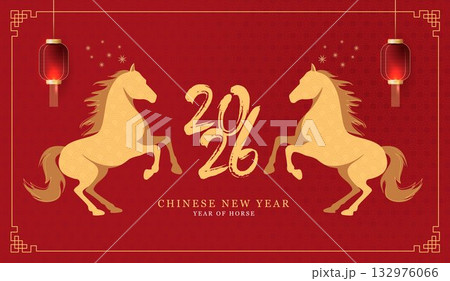 Chinese New Year 2026 celebration with golden horse zodiac, red festive background, lanterns, traditional patterns, clouds, and lucky decorations for Lunar New Year design. 132976066