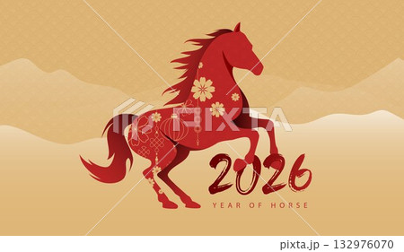 Chinese New Year 2026 celebration with golden horse zodiac, red festive background, lanterns, traditional patterns, clouds, and lucky decorations for Lunar New Year design. 132976070