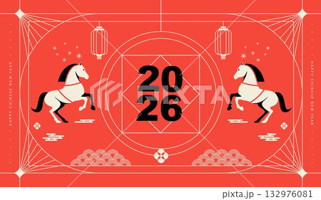 Lunar new year, Chinese New Year 2026 ,Year of the Horse, line art, outline, simple linear. adorned with traditional asian elements. lanterns, horse and traditional for icons and print. vector design. 132976081