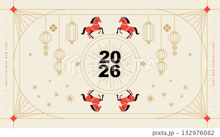 Lunar new year, Chinese New Year 2026 ,Year of the Horse, line art, outline, simple linear. adorned with traditional asian elements. lanterns, horse and traditional for icons and print. vector design. 132976082