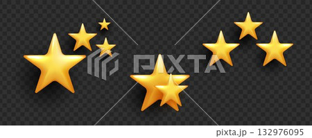 3D yellow stars different shapes on white background. stars glossy colors. realistic 3d design cartoon style for christmas with decorative holiday elements. vector design. 132976095
