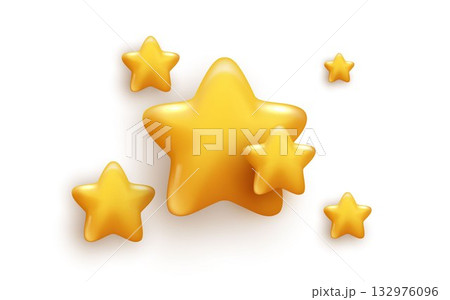 3D yellow stars different shapes on white background. stars glossy colors. realistic 3d design cartoon style for christmas with decorative holiday elements. vector design. 132976096