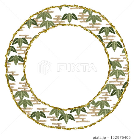 【笹と金色丸枠】手刺繍イラスト素材 132976406