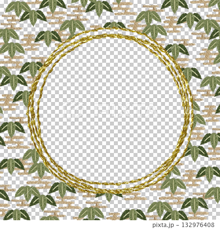 [Bamboo and gold round frame] Hand-embroidered illustration material 132976408