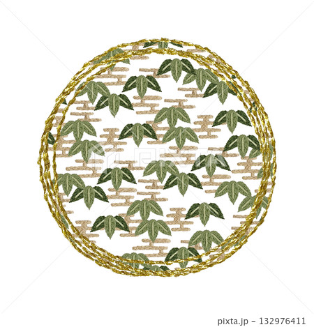 【笹と金色丸枠の切り抜き】手刺繍イラスト素材 【笹と金色丸枠の切り抜き】手刺繍イラスト素材 132976411