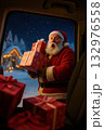 Surprised Santa holding gifts outside snowy cabin at night 132976558