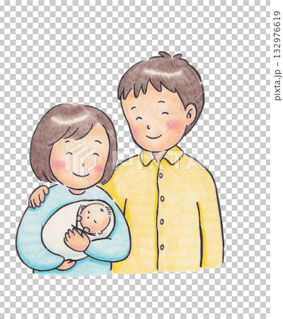 赤ちゃんを抱くお母さんとお父さんのイラスト 132976619