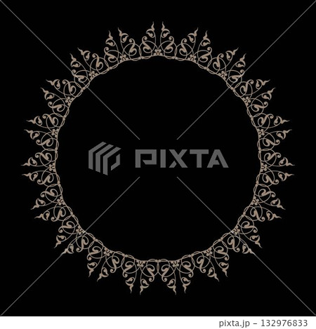 Beautiful round frame arabesques. Oriental vector pattern with arabesques and floral elements. Traditional classic ornament. Plate with floral design. Vintage, ethnic vector frame with arabesques Beautiful round frame arabesques. Oriental vector pattern with arabesques and floral elements. Traditional classic ornament. Plate with floral design. Vintage, ethnic vector frame with arabesques 132976833