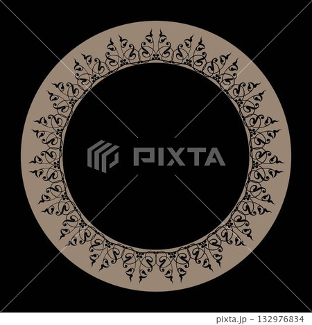 Decorative round frame. Elegant element for design in Eastern style, place for text. Floral black border. Lace illustration for invitations and greeting cards, textiles, embroidery 132976834