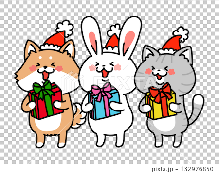 サンタの帽子をかぶった犬猫兎トリオ 132976850