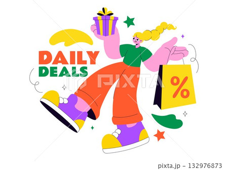 Daily Deals Vector Illustration Showcasing Various Shopping Items with Increasing Discounts, Ideal for Promotions, Sales, and E-Commerce Background 132976873