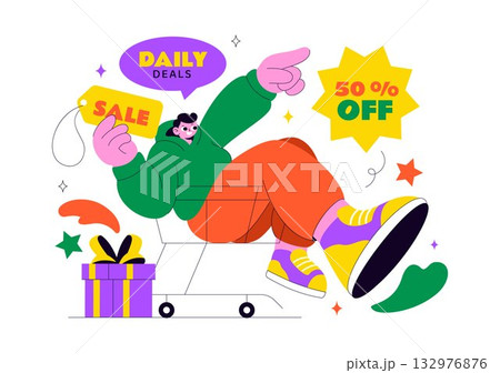 Daily Deals Vector Illustration Showcasing Various Shopping Items with Increasing Discounts, Ideal for Promotions, Sales, and E-Commerce Background 132976876