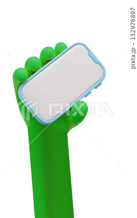 Hand green bright color holding a mobile smartphone with white blank screen 3D vector, arm holding gadget empty screen 132976897