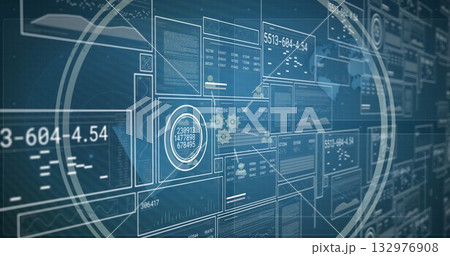 Dashboard displaying panels with graphs and data readouts, reticles and maps on control panel Dashboard displaying panels with graphs and data readouts, reticles and maps on control panel 132976908