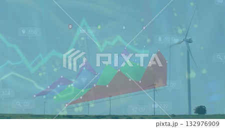 Showing wind turbine spinning on rural grassy plain, with data charts and icon bubbles, copy space 132976909