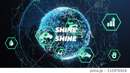 Displaying digital globe rotating in digital network, with SHINE text and green hexagon icons 132976928