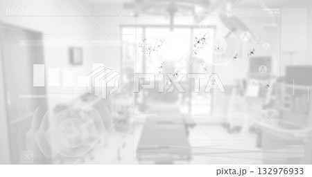 Displaying translucent HUD elements hovering above examination table in lab room, with bar charts 132976933