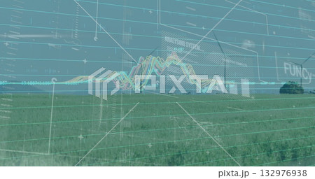 Displaying open grassland under pale sky, overlaying grid and waveform charts with data panels Displaying open grassland under pale sky, overlaying grid and waveform charts with data panels 132976938