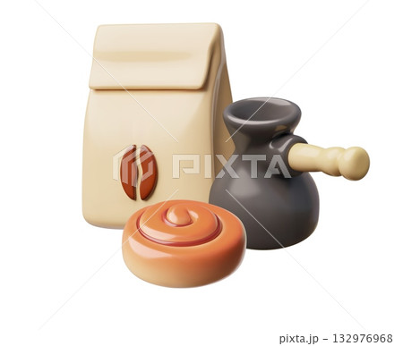 3D paper bag with coffee beans, a coffee pot, and a fresh bun. 132976968