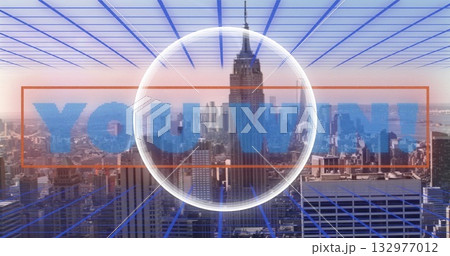 Transparent ring with pixelated YOU WIN hovering over art-deco skyscraper, with blue grid lines 132977012
