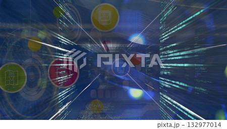 Streaming digital code tunnel in virtual corridor, with UI rings and floating holographic icons Streaming digital code tunnel in virtual corridor, with UI rings and floating holographic icons 132977014