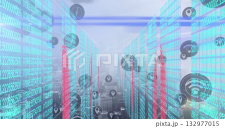 Data overlay rising over downtown rooftops, with translucent cyan-red columns and map-pin icons 132977015