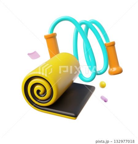 3D jump rope with a yellow mat and confetti, sports equipment. 132977018