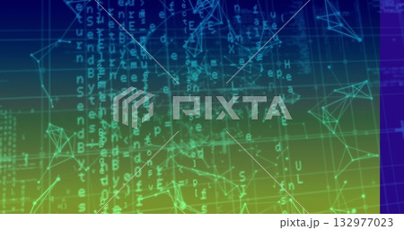 Displaying network view with glowing node connections and alphanumeric code in analytics interface 132977023