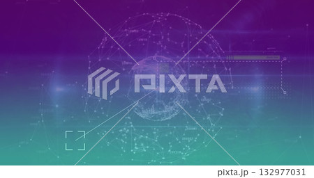 Displaying central wireframe globe rotating on dashboard, with dashed UI overlays and node clusters Displaying central wireframe globe rotating on dashboard, with dashed UI overlays and node clusters 132977031
