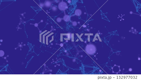 Showcasing blue network nodes linking with lines in digital grid, lit purple spheres with molecules Showcasing blue network nodes linking with lines in digital grid, lit purple spheres with molecules 132977032