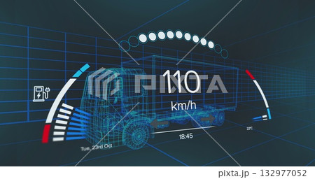 Projecting blue wireframe cargo truck model rotating in 3D grid, with speed and energy gauges 132977052
