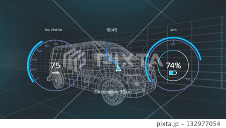 Displaying 3D van wireframe moving within virtual grid with speedometer, battery, navigation arrow Displaying 3D van wireframe moving within virtual grid with speedometer, battery, navigation arrow 132977054