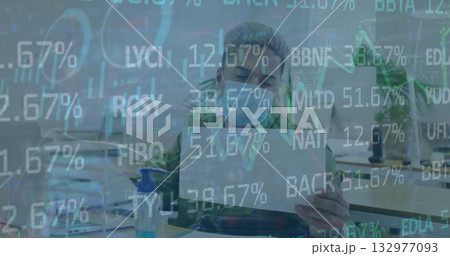 Analyzing man wearing mask checking laptop at office with sanitizer bottle and financial tickers Analyzing man wearing mask checking laptop at office with sanitizer bottle and financial tickers 132977093