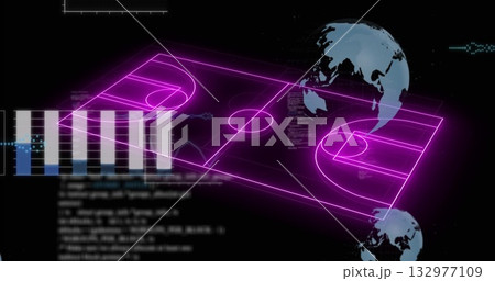Floating neon purple 3D basketball court wireframe in UI, with scrolling code, bars, globe and axes 132977109
