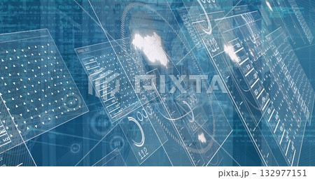 Displaying holographic panels floating in digital workspace with gauges, map outline, code streams 132977151