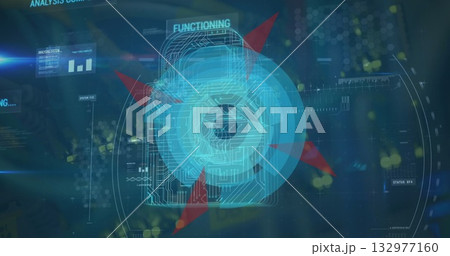 Displaying holographic grids with padlock icon floating over virtual interface, with data panels 132977160