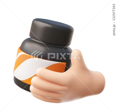Multi vitamin food supplement package in hand 3D cartoon vector icon, realistic black medicine plastic bottle with lid 132977163
